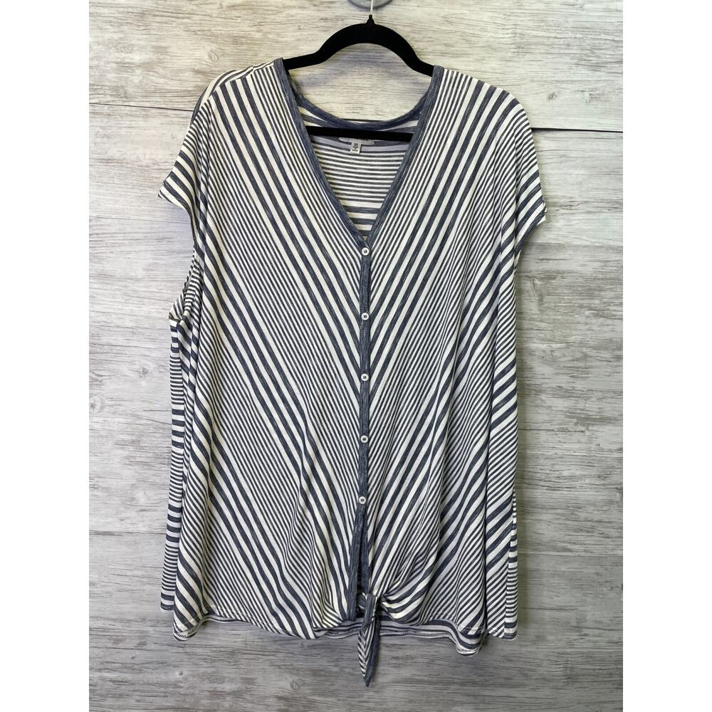 Max Studio Top 3X Womens Blue White Striped Sleeveless Button Up V Neck